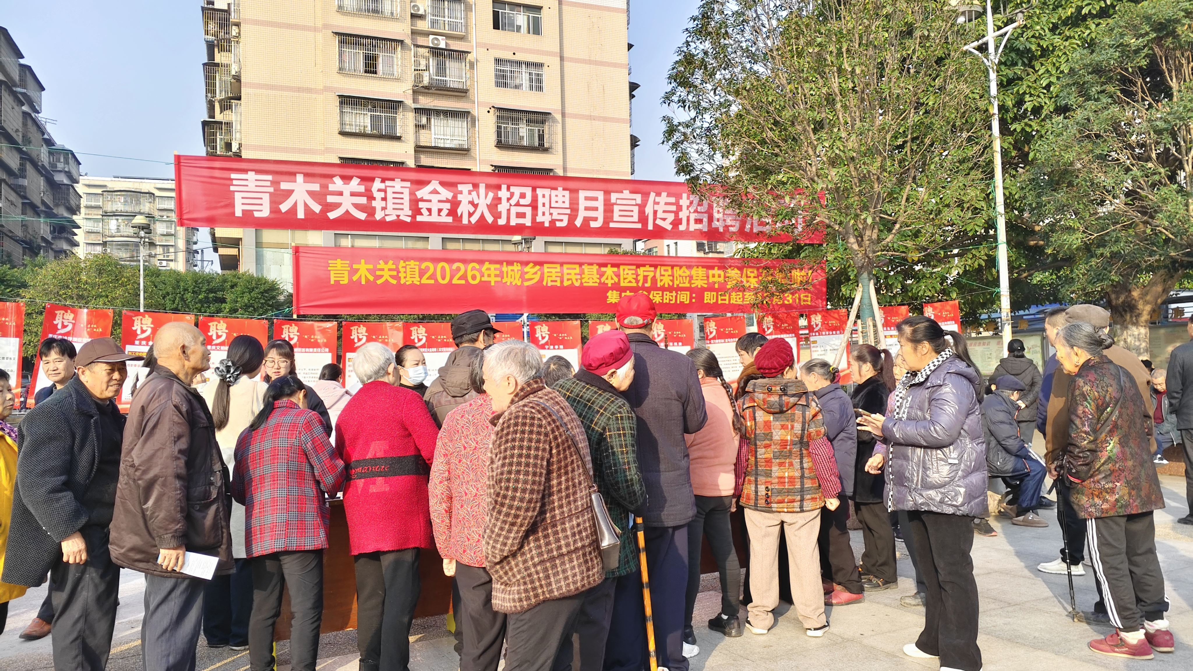 青木关镇开展金秋招聘月活动暨2026年度城乡居民基本医疗保险参保宣传